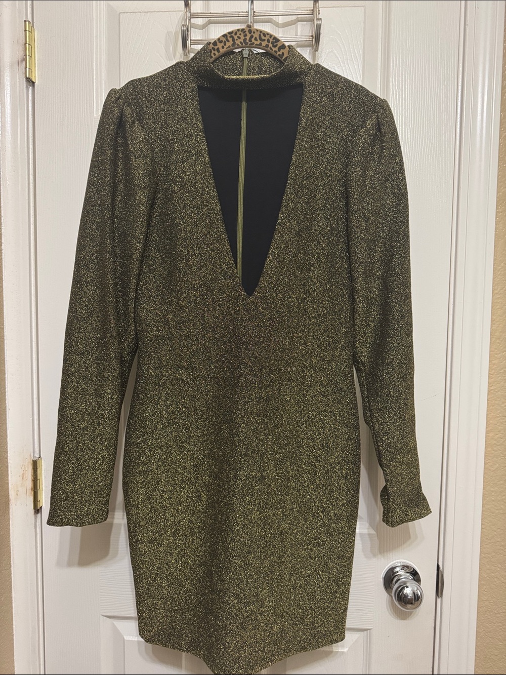Gold Glitter Long Sleeve V-Neck Mini Dress